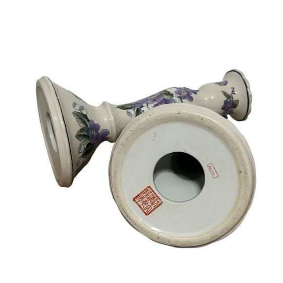 Vintage Pair Of Handpainted Candlestick Holders 8.5" Porcelain Floral Ceramic - Picture 3 of 11